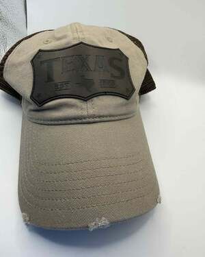 Texas 1845 State Map Logo Distressed Trucker Hat Khaki/Brown Mesh